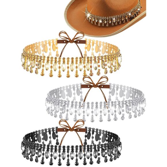 Accessories - 8767 3 Pcs Rhinestone Cowboy Hat Band For Women Men Cowgirls Fringe Hat Belt